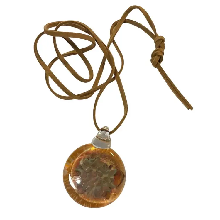 Boho Art Glass Pendant Necklace Suede Cord & Abstract Floral Design Womens
