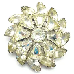 Vintage Clear Rhinestone Flower Brooch Sparkling Marquise Crystal Silver Tone 11889