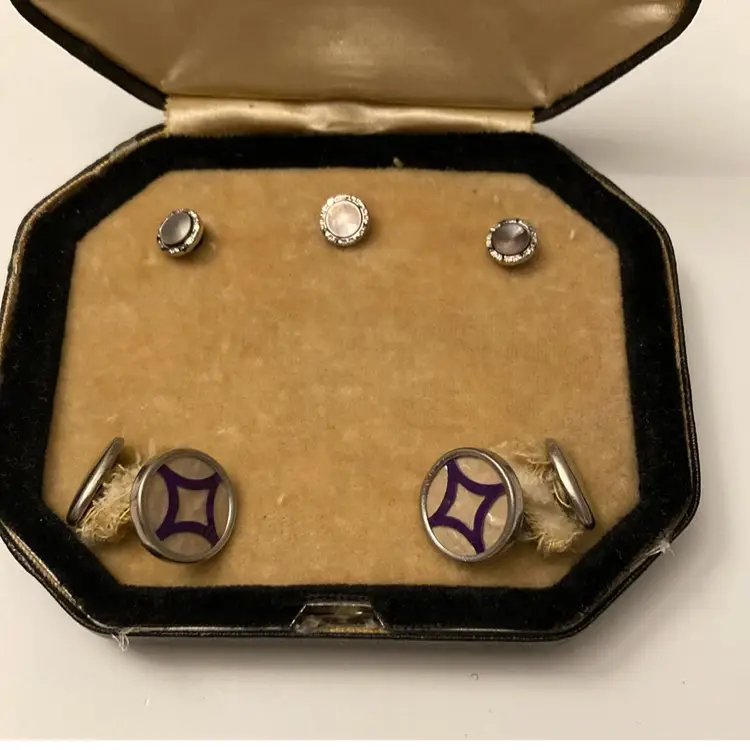 Antique Set of Antique Abalone And Silver Button Studs And Cufflinks In Box