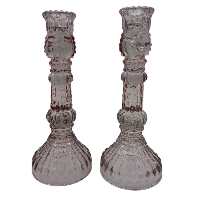 Pair - Light Pink Pressed Glass Candlestick Holders, Girl's Silhouette w/Bird