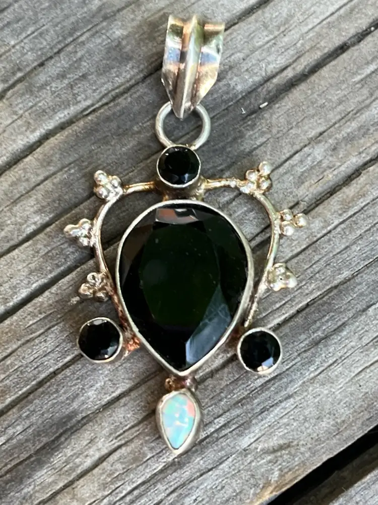 Black Onyx Austrian Crystal 925 Sterling Silver Pendant Necklace Vintage