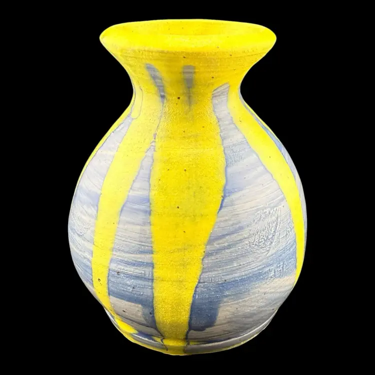 Handmade Pottery Weed Pot Blue & Yellow Glazed 4”