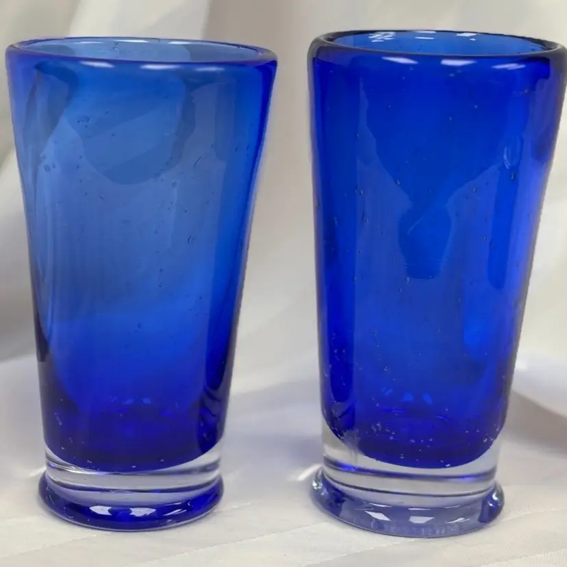 Pair 5” Hand Blown Cobalt Tavern 6-oz. Water Glass Antique Vintage