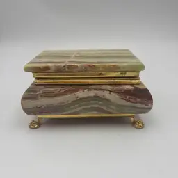 Vintage Italian Green Onyx Trinket Jewelry Box With Footed Brass And Hinge