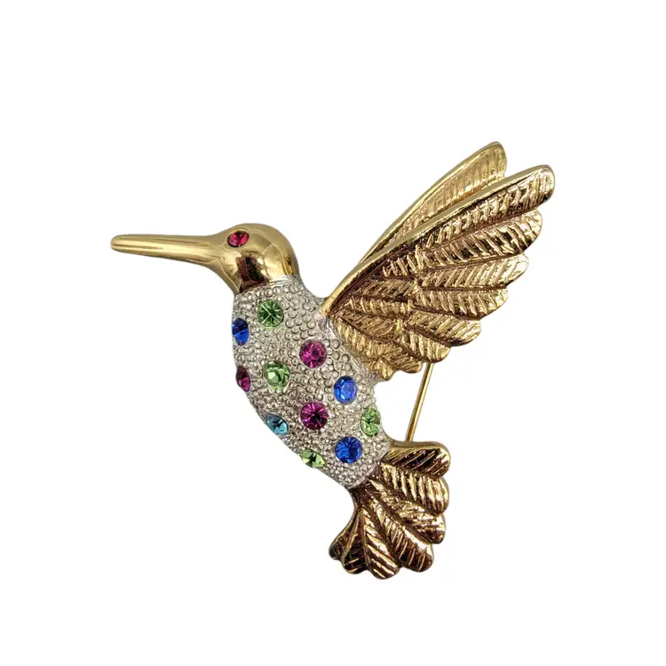 Premier Designs Multi-Colored Rhinestone Gold Tone Hummingbird Broach Pin