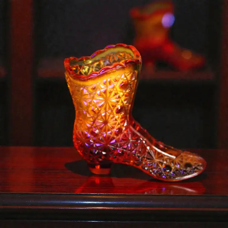 Fenton Amberina Daisy & Button Glass Shoe High Button Boot Cadmium Glow UV Reactive