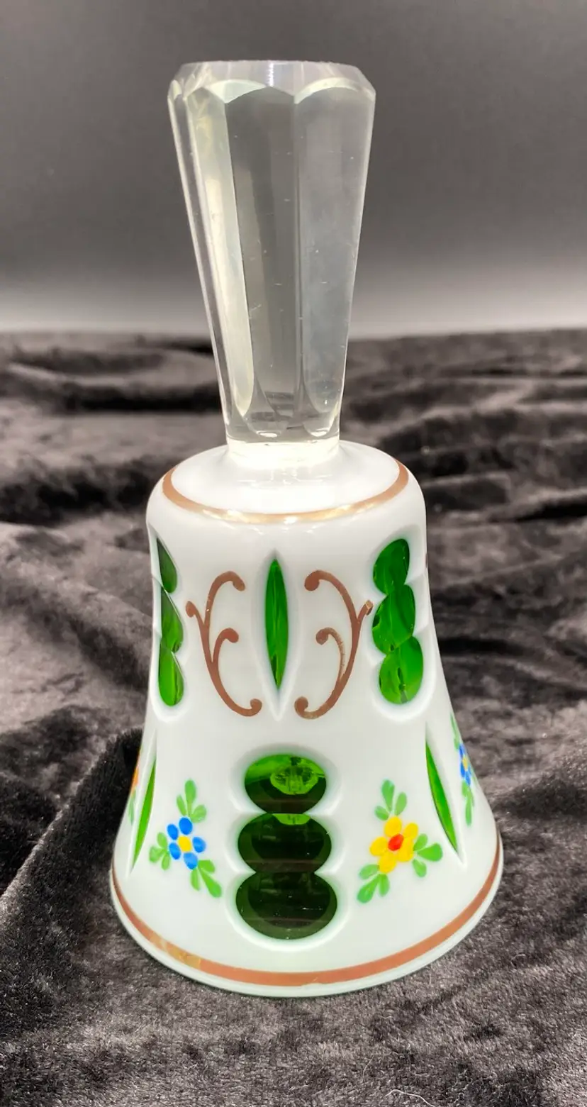 Vintage Bohemian Bell, Cased Milk Glass Cut to Green, Hand Painted, Clear Handle