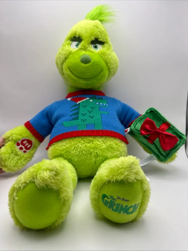2018 Build A Bear Dr Seuss Grinch 20” Plush w/ Christmas Sweater & Present