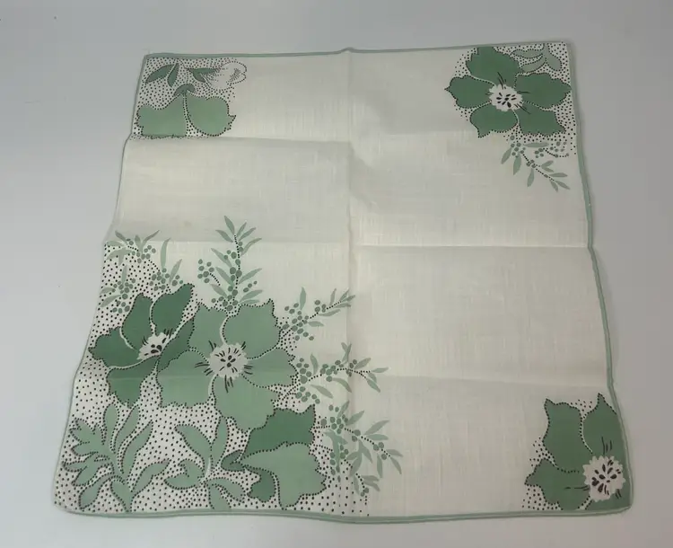 Vintage Green Flower Handkerchief 12" x 12"