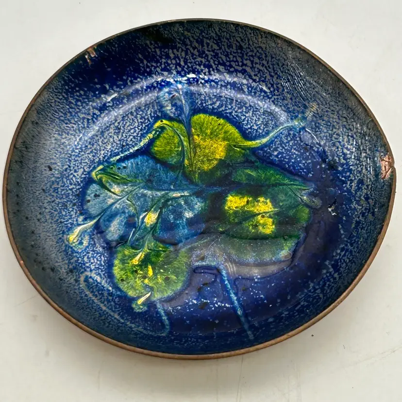 Vtg Signed Enamel Painted Trinket Dish