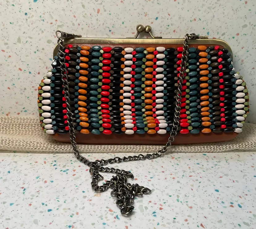Patricia Nash leather clutch purse with multicolored wood beads 10x6”