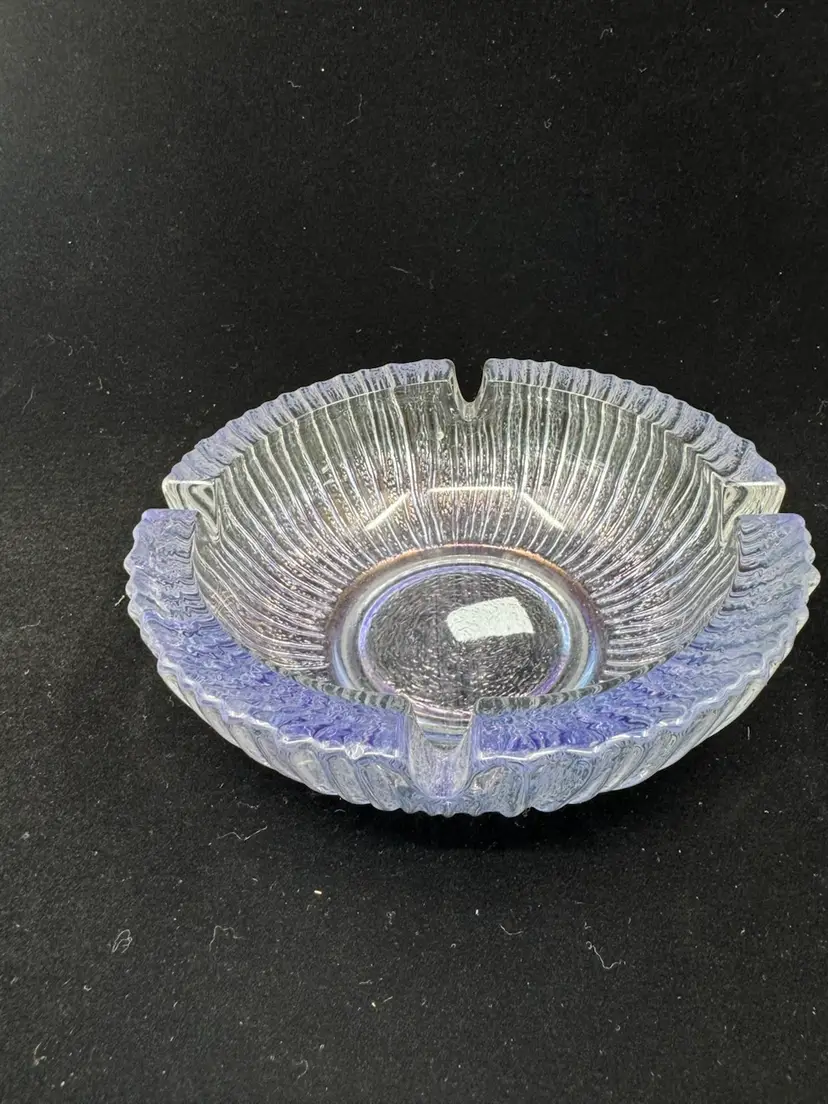 Vintage iridescent blue glass ashtray with ribbed interior, 6” Wide