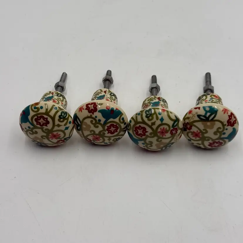Floral Colorful Ceramic Cabinet Knobs Boho Cottagecore Drawer Pulls Set Of Four