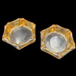 Pair of MCM Peach Carnival Iridescent Glass, Six-Sided/Hexagonal Ashtrays, 4"
