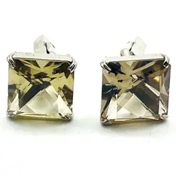 Vintage Square Cut Champagne Crystal Cufflinks Elegant Faceted Glass Silver Tone