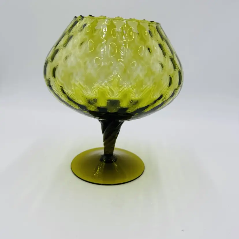 Empoli Italy Vase Art Glass Diamond Quilted Green Footed 8.5in Vintage