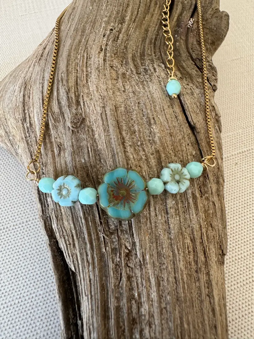 Dainty Czech Glass Flower Bead And Gold Necklace #175