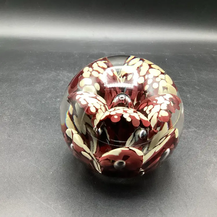 3471-Joe Zimmerman Signed Burgundy And Beige Paperweight, 1991