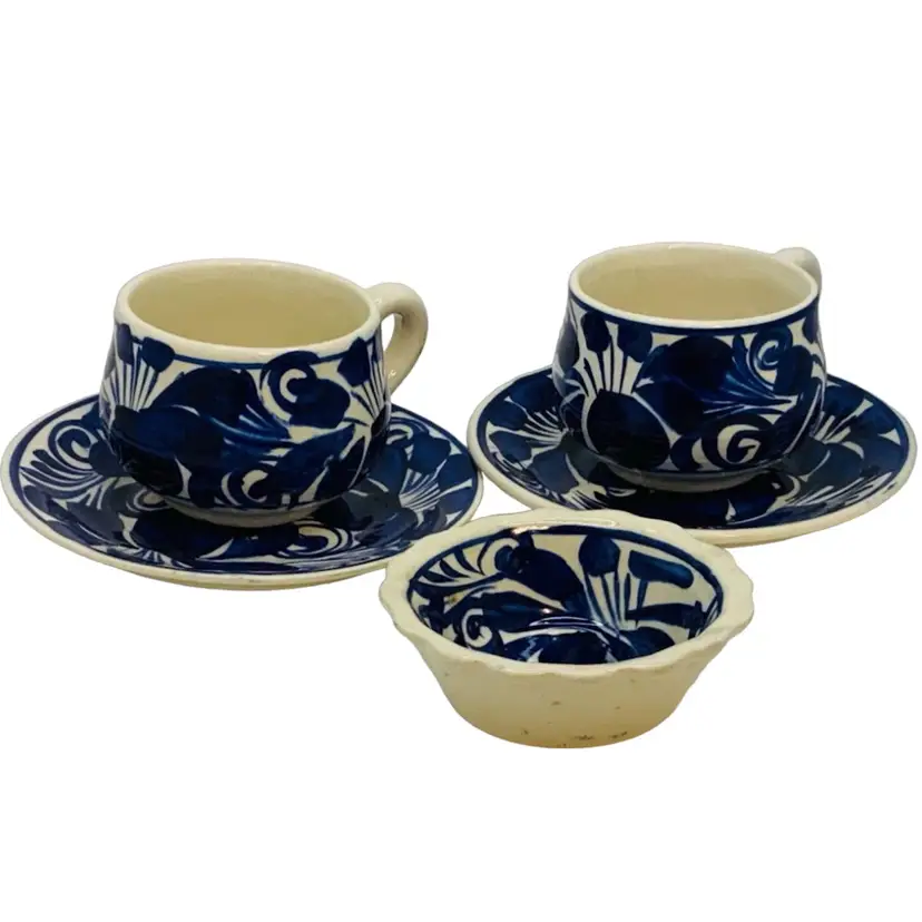 1 Vintage Mexican Pottery Hand Painted 2 Cups And 2 Saucer 1 Salsa Dish. Cobalt Blue And White Floral Design, Hot Chocolate Cup Stoneware