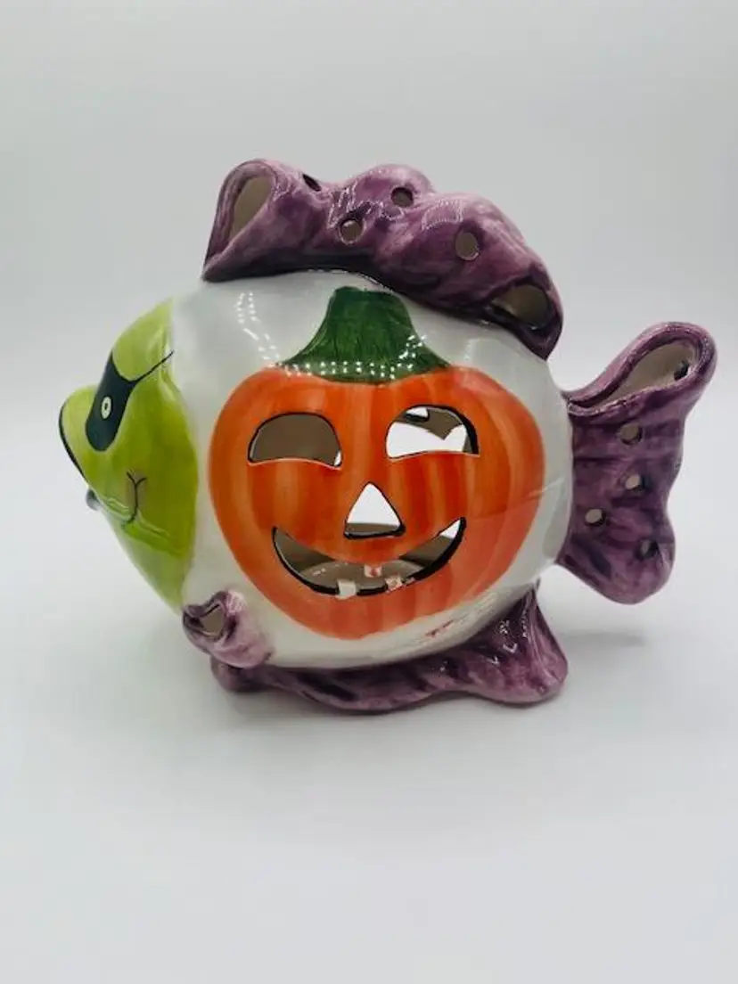 Halloween Ceramic Jack O Lantern Fish Tea light Holder Appletree Designs