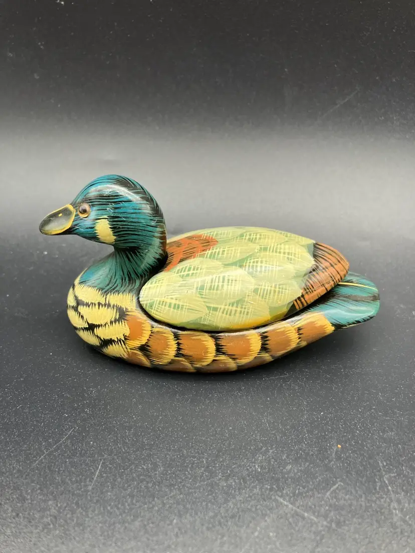 BIN - Painted Ceramic Duck Figurine And Trinket Box Marked Assisi - 4.5”