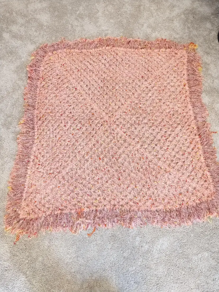 Handmade Crochet Fuzzy Pink Blanket With Fringe Edges 49x52