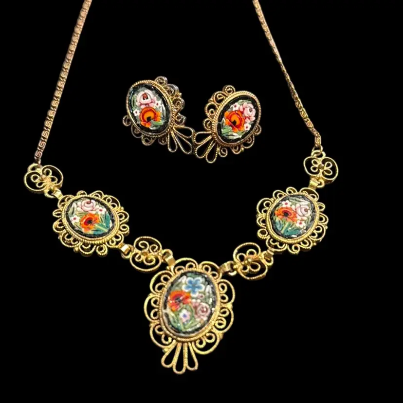 FAP Italy Signed Vintage Micromosiac Set - 20” Golden Earrings & Necklace