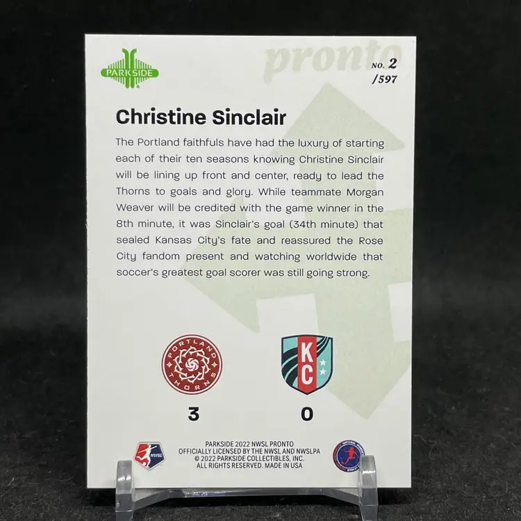 Christine Sinclair 2022 Parkside Pronto NWSL Week 1 SP Soccer Card /597 Thorns