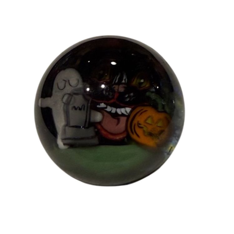 Marble * Zac De Simone Art Glass - 1.25” - 3D Halloween Ghost Jack O’ Lantern Black Cat Graveyard Scene