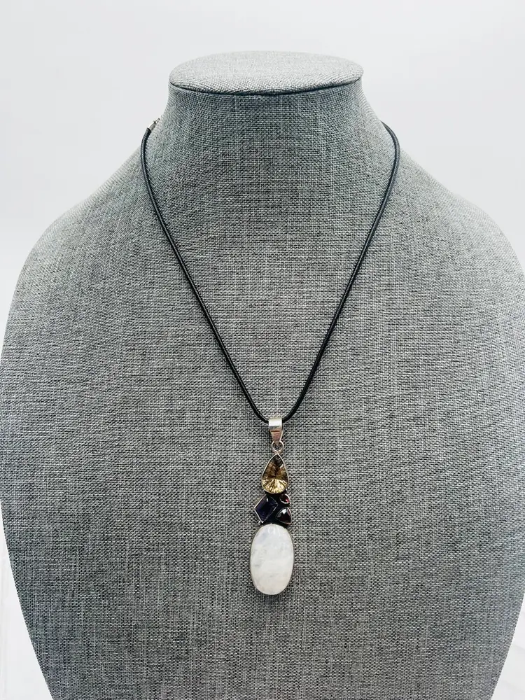 925 Moonstone Amethyst And Gemstones Pendant With 18” Black Cord Necklace