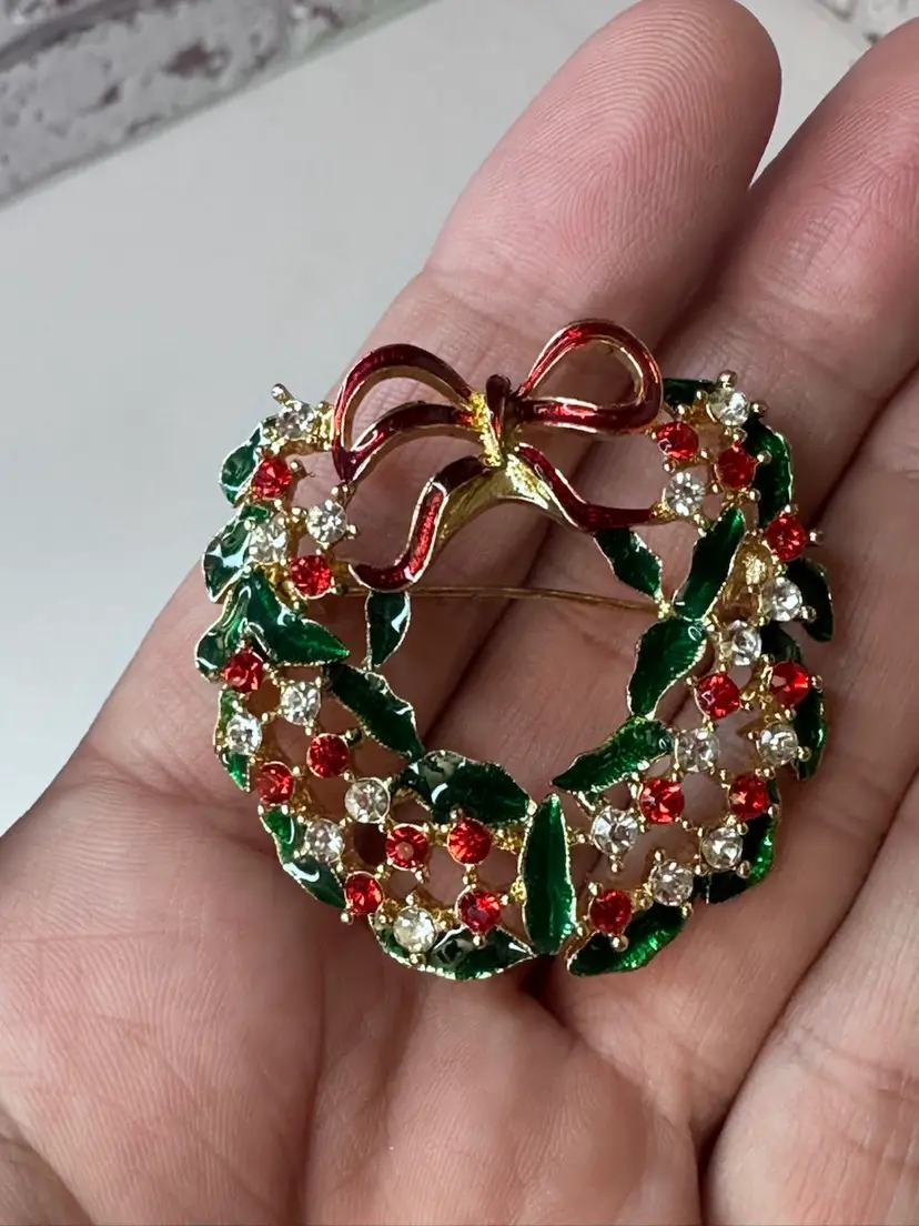 Costume Brooch With Paint Of Green And Stones Of Red And Clear Any 2” Long under 20 dollars