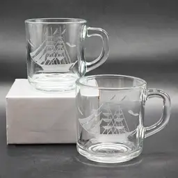 Anchor Hocking Sailing Ship Etched Glass Mugs Cups Nautical Vintage Set of 2