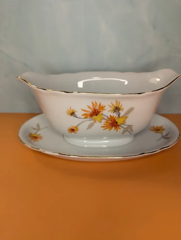 China Gravy Boat With Gold Rim, Orange/Yellow Flowers, and Attached Underplate VTG