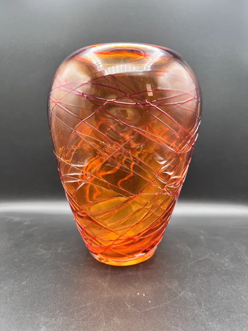#1067B Vintage MCM Orange Threaded Amber Hand-Blown Glass