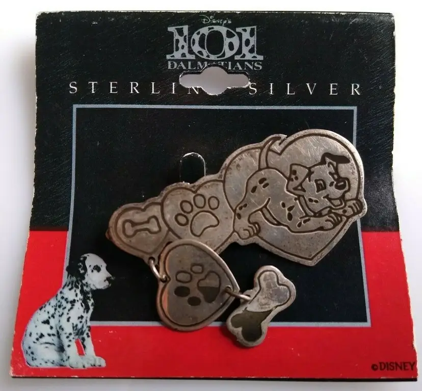Disney 101 Dalmatians Sterling Silver Pin Brooch Dangler Hearts Bones Puppy Dog