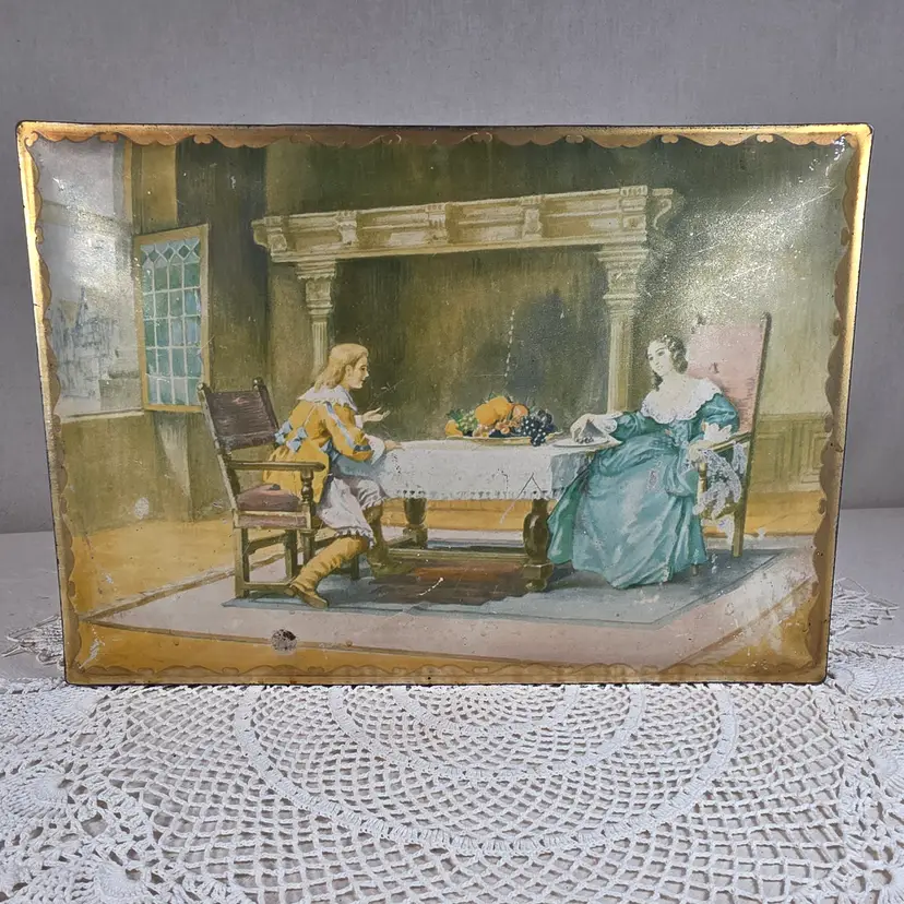 Antique NBC Uneeda Biscuit Tin Lithograph Victorian Scene Hinged Storage Box 11.25"