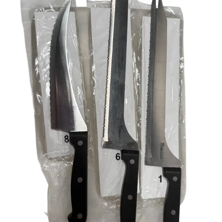RONCO SIX STAR+ KNIVES - SET OF 3: (SHOWTIME # 1, SAW #6, SPORTSMAN # 8) PREOWNED NEVER USED, IN ORIGINAL SLEEVES/WRAPPER. (please See Photos).