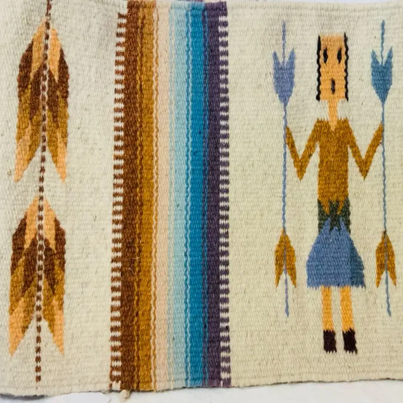 Vintage Natural Fibers Southwestern Motif Boho Woven Tapestry, 80's Large Rug Made In Mexico Featuring Arrow Heads And Four Directions Symbol Very Similar To An “Unusual Yei, Navajo Rug, Louise White” Wall Art Vintage Handwoven Mexican Blanket Table Runner Or Wall Hanging Measures Approximately 78” By 23.5” Un-Framed