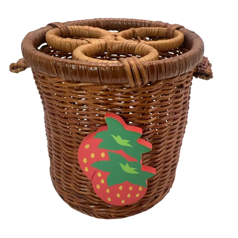 Vtg Utensil Basket W Painted Strawberries 4.75” x 4.5”