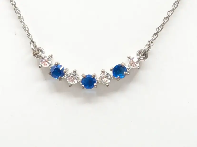 Silver Tone Blue and Clear Rhinestone Necklace