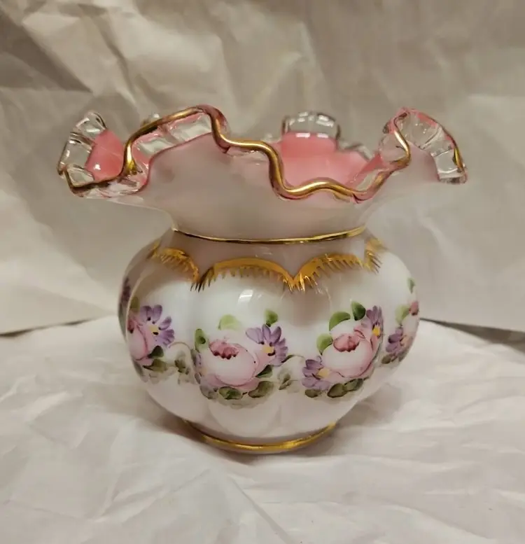Vintage FENTON Peach Crest Melon Hand Painted Charleton Rose Art Glass Ruffled Rim Vase