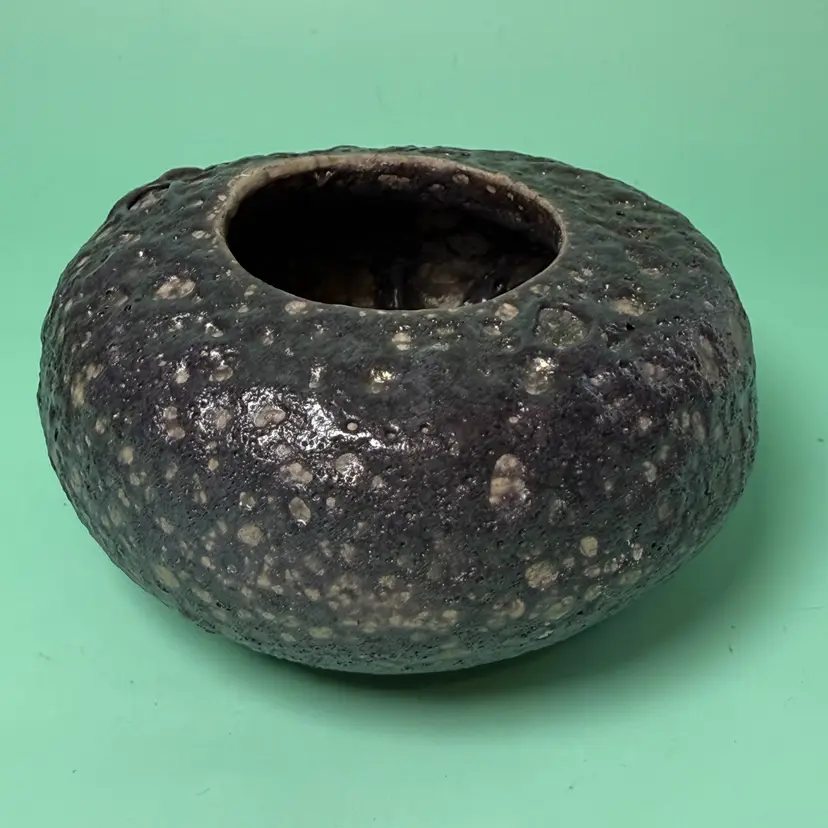 Raku Art Pottery Black Moon Vase Jar Lava Cratered Glaze Signed "MK" Brutalist