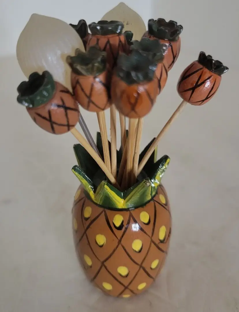 Vintage Mid Century Cute Pineapple Toothpick Holder Set Retro Kitsch Party