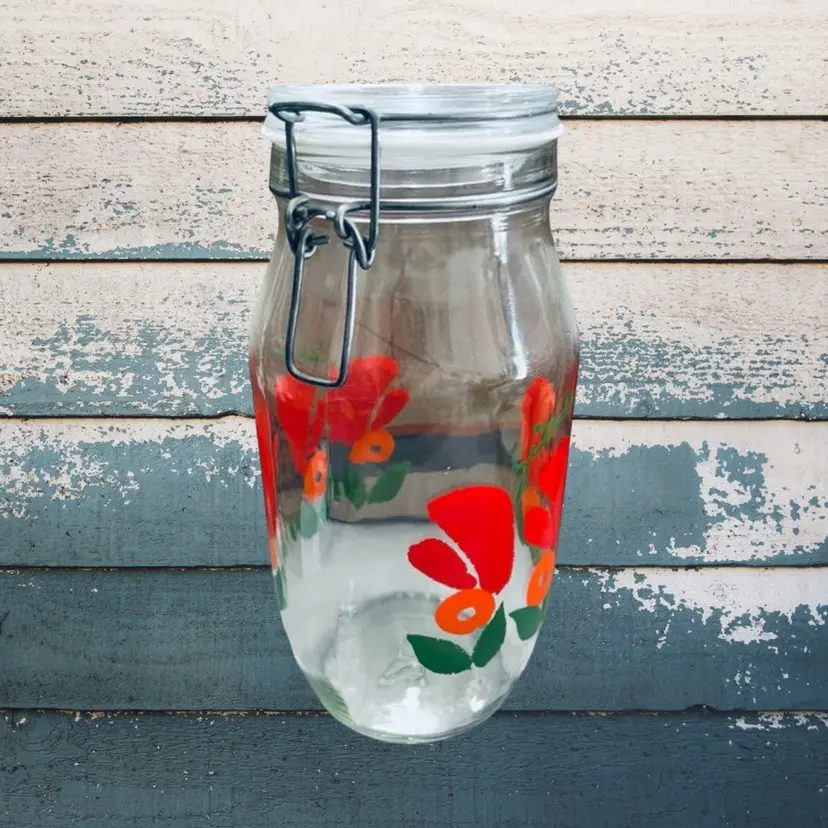 Vintage Large MCM Canister Floral Flowers Jar Glass Kitchen Decor 80s Mcm 2 Liter Mid Century Modern Floral