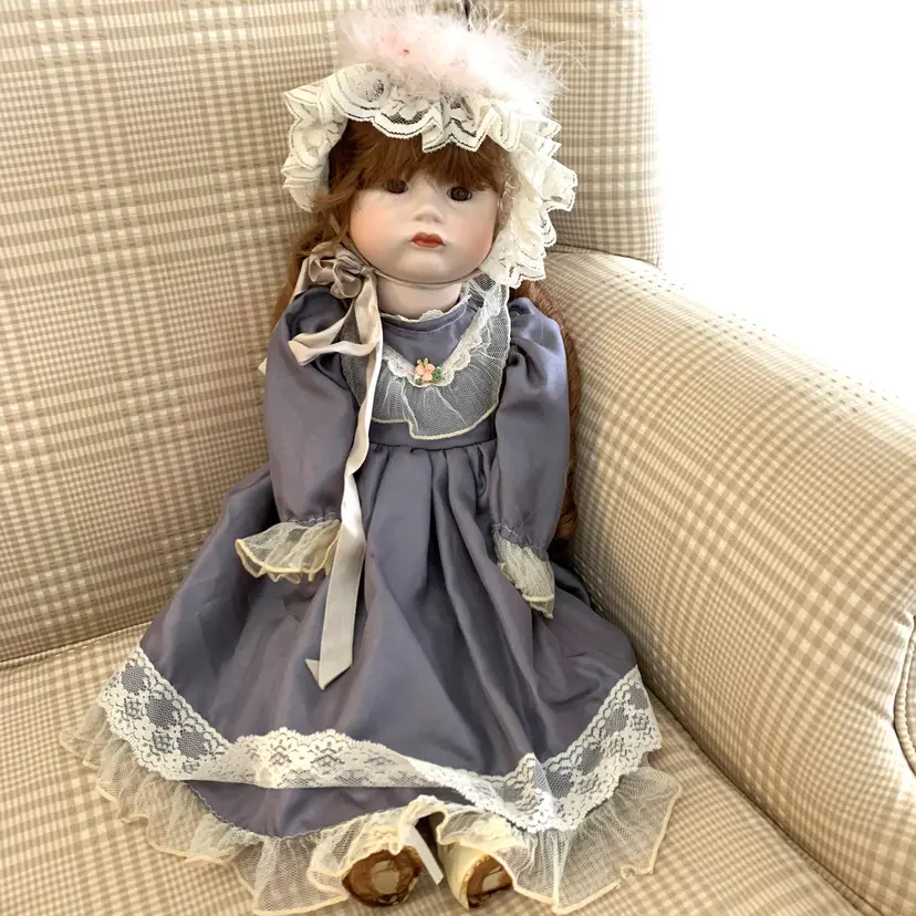 Paris Pouty Porcelain Handmade Doll Toddler Auburn Red Hair Vintage 20”.   Soles of her shoes are missing. No chips or cracks in the porcelain, her fingers are intact