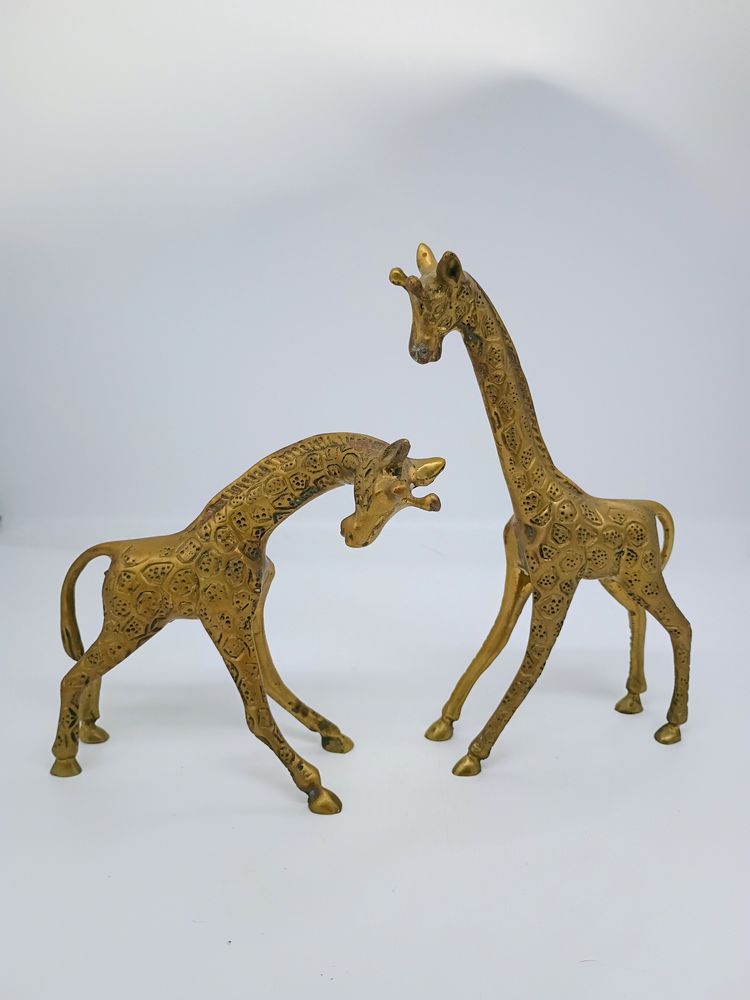 Pair of Vintage Brass Giraffe Figurines Textured Brass Freestanding MCM