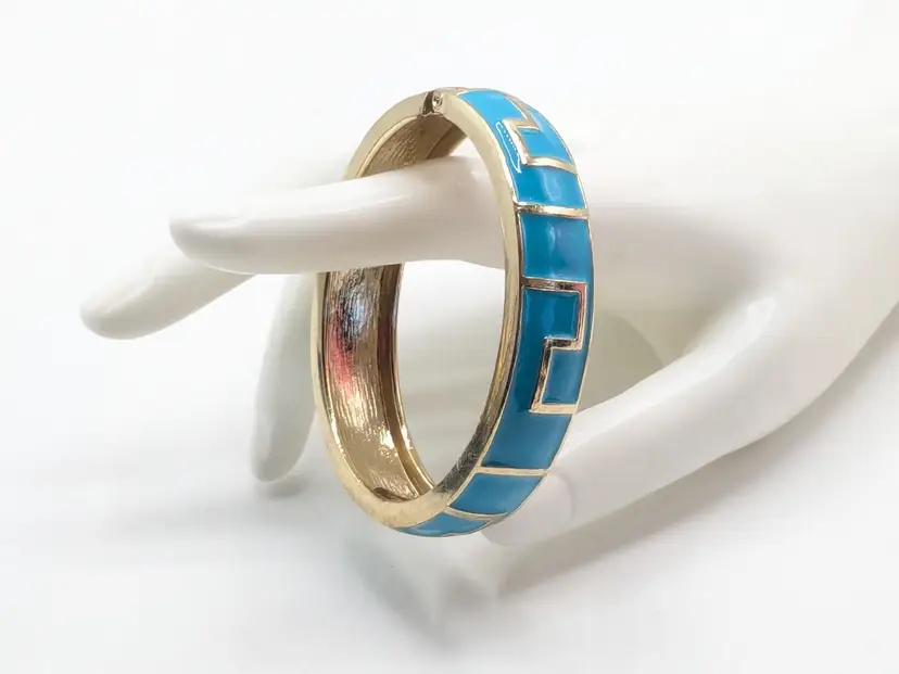 Silver Tone Turquoise Color Enameled Hinged Clamper Bracelet