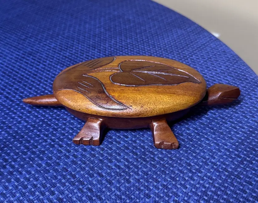 Wooden Turtle Trinket Box Vintage Carved Wood Turtle Tortoise Lidded Trinket Box