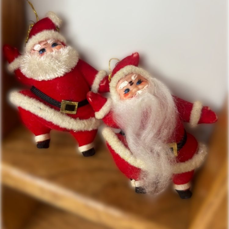 Dancing Flocked Santas Set Of 2 Japan Vintage Decor Or Ornaments