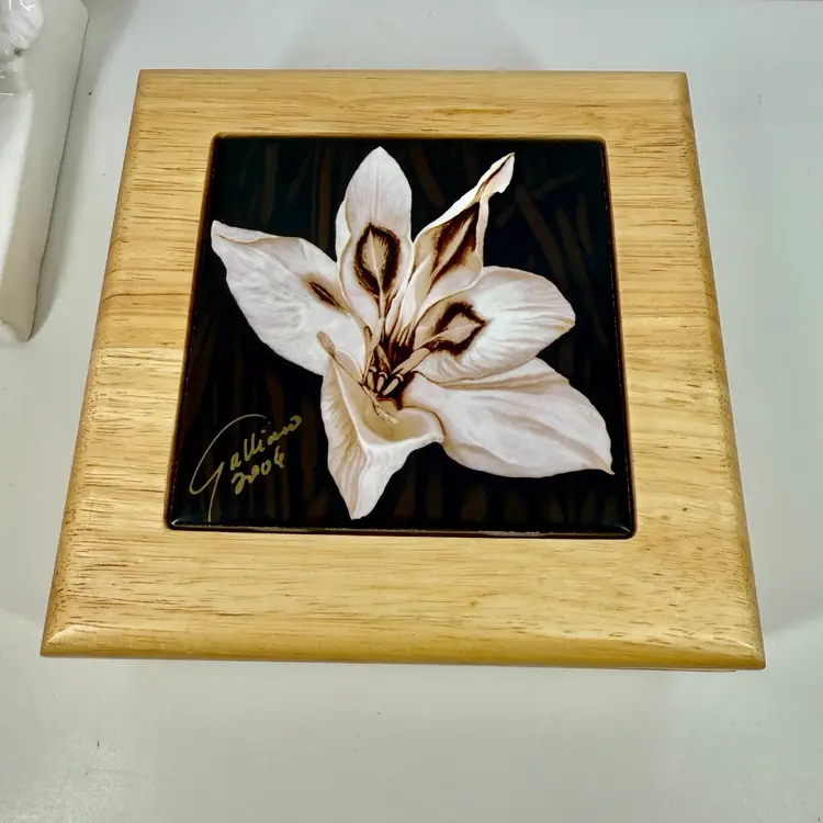 ORCHID Art Tile JEWELRY/Trinket BOX Artist Signed GALLIANO 2006 Contemporary